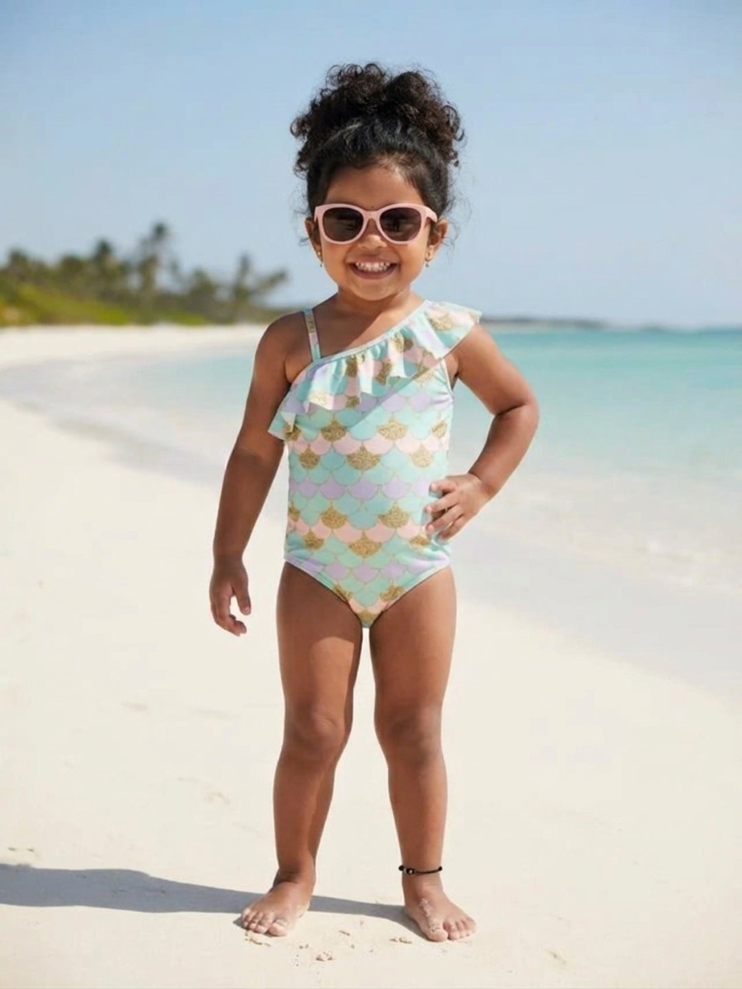 Sparkle Splash Girls Ruffle Mermaid Print One Shoulder Swimsuit