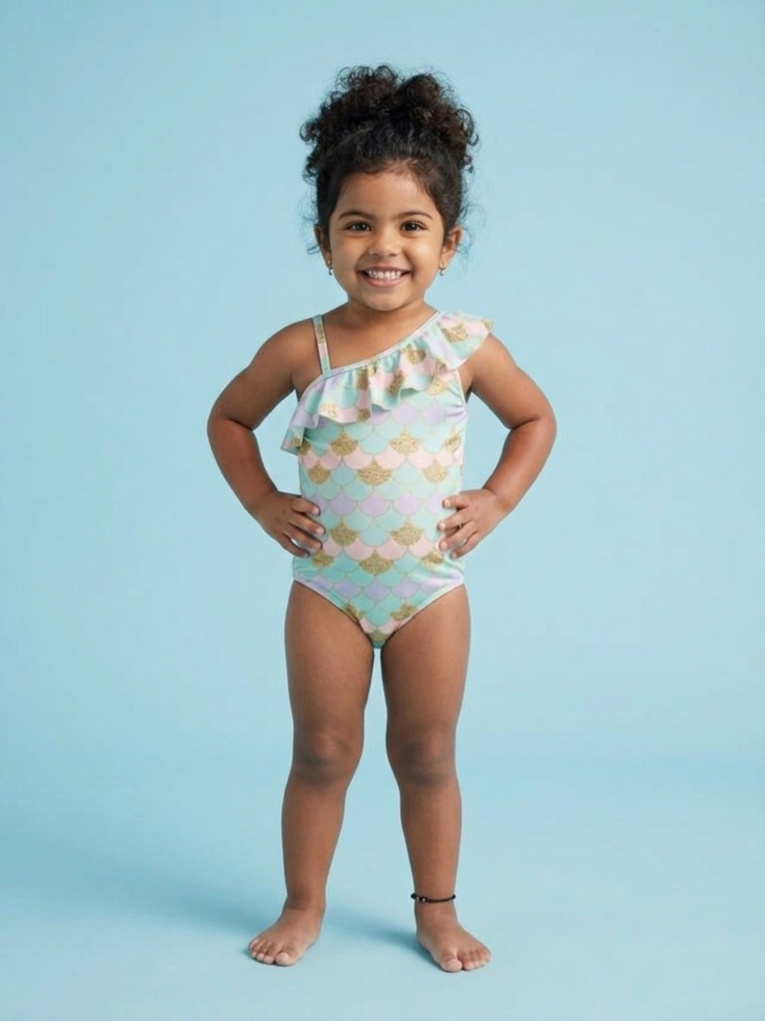 Sparkle Splash Girls Ruffle Mermaid Print One Shoulder Swimsuit