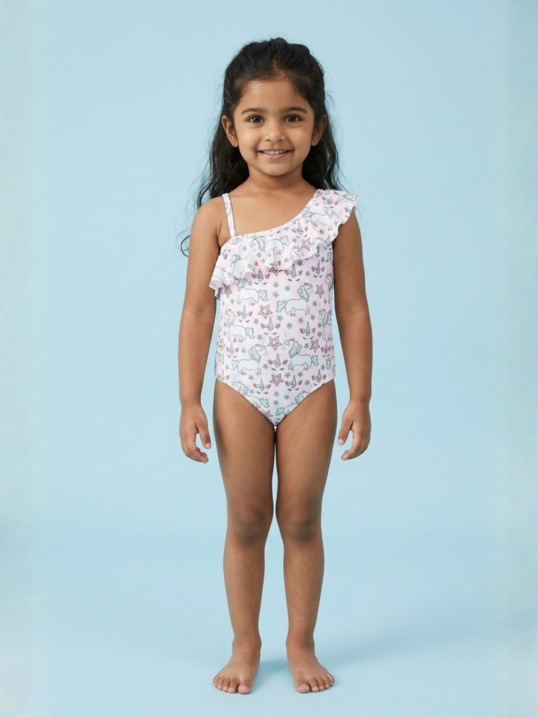 Starry Unicorn Dreams Girls Ruffle One Shoulder Swimsuit
