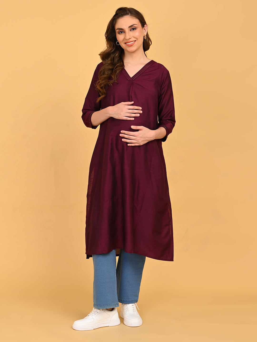  Wine Embroidered Maternity and Nursing Silk Kurta Wine