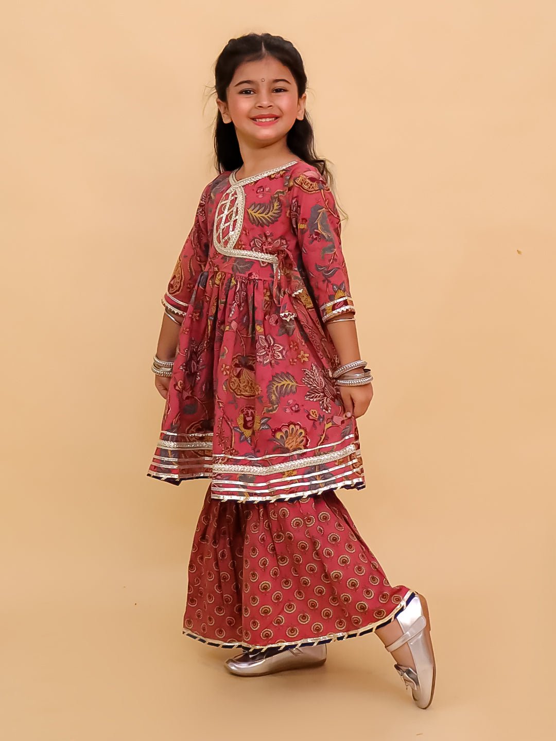 Aangan Aabha Block Print Girls Anarkali Sharara Set