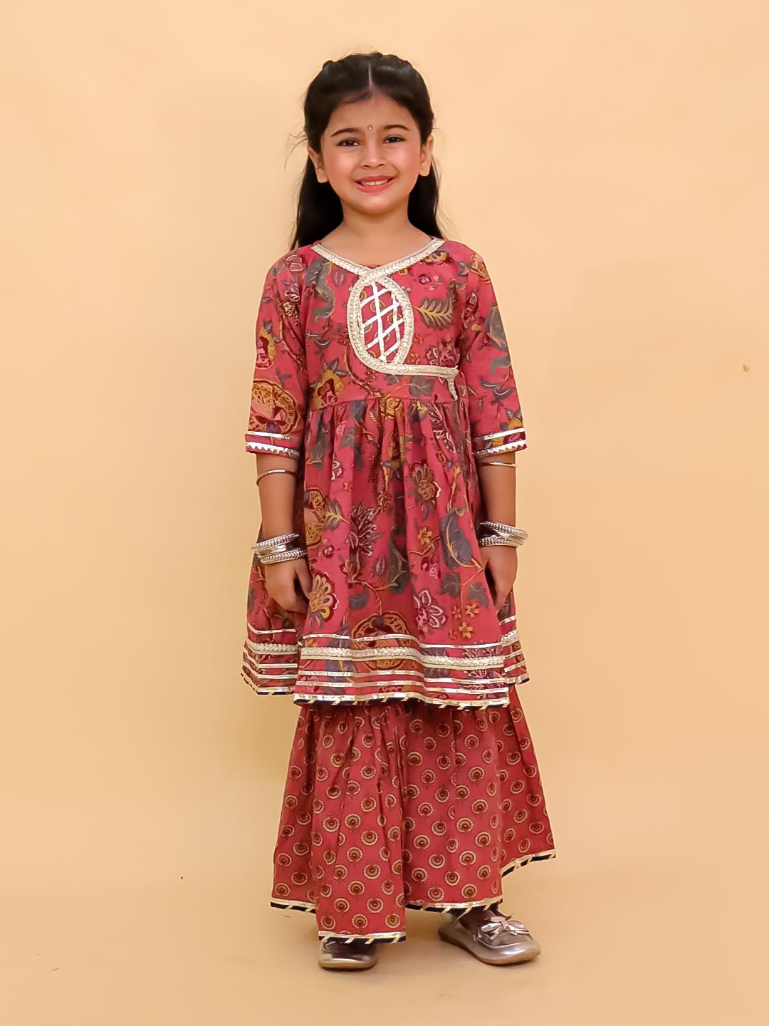 Aangan Aabha Block Print Girls Anarkali Sharara Set