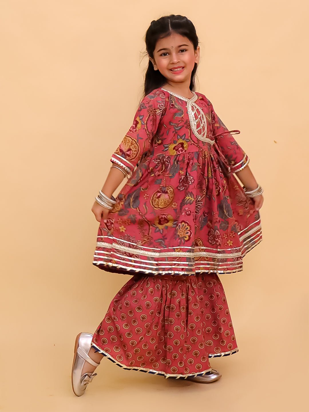Aangan Aabha Block Print Girls Anarkali Sharara Set