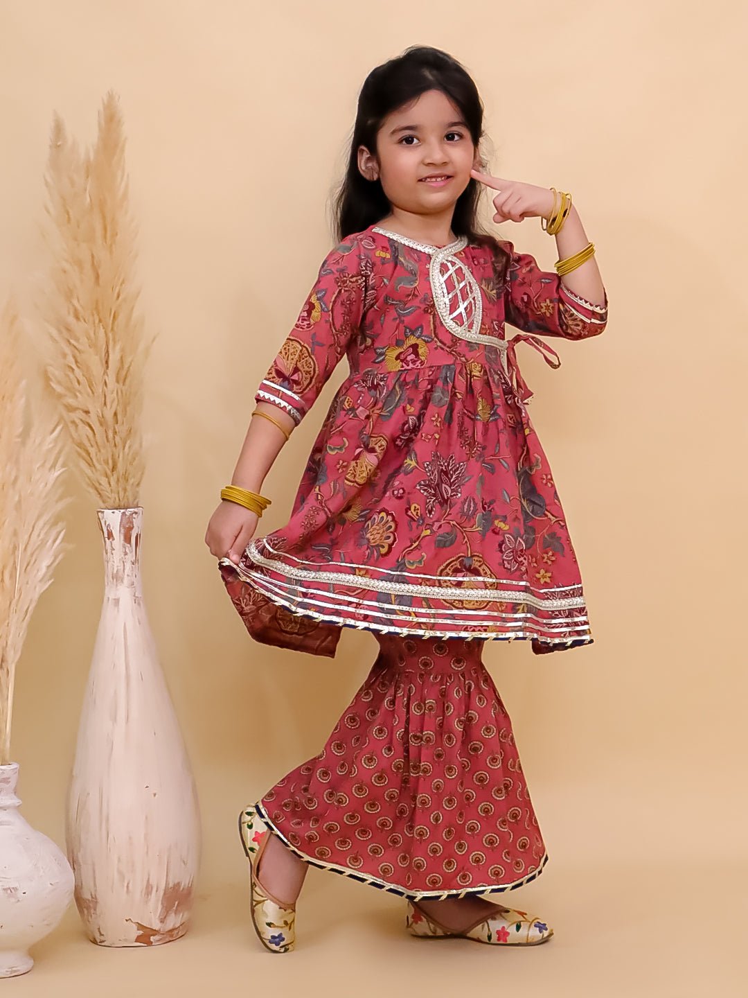 Aangan Aabha Block Print Girls Anarkali Sharara Set