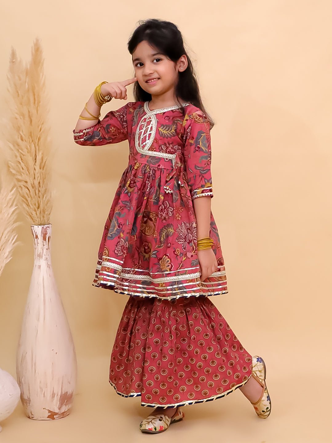Aangan Aabha Block Print Girls Anarkali Sharara Set