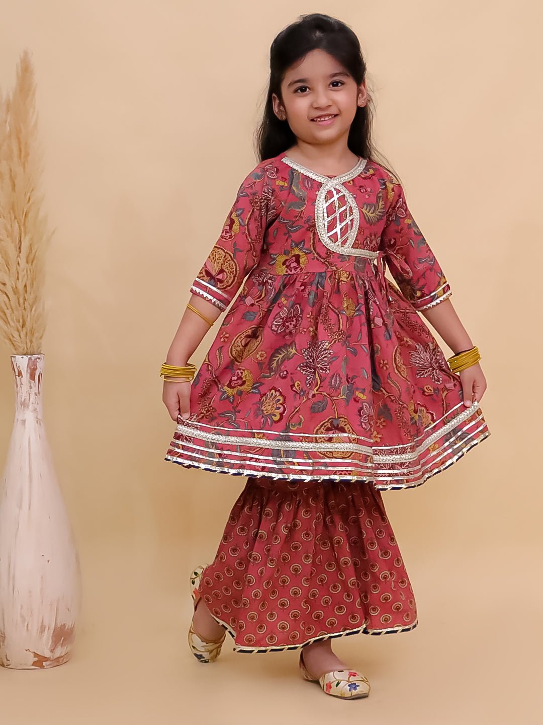 Aangan Aabha Block Print Girls Anarkali Sharara Set