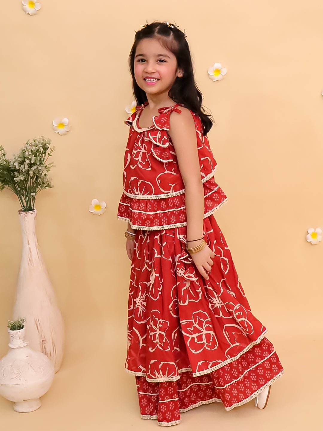 Amber Glow Girls Layered Lehenga Set For Kids
