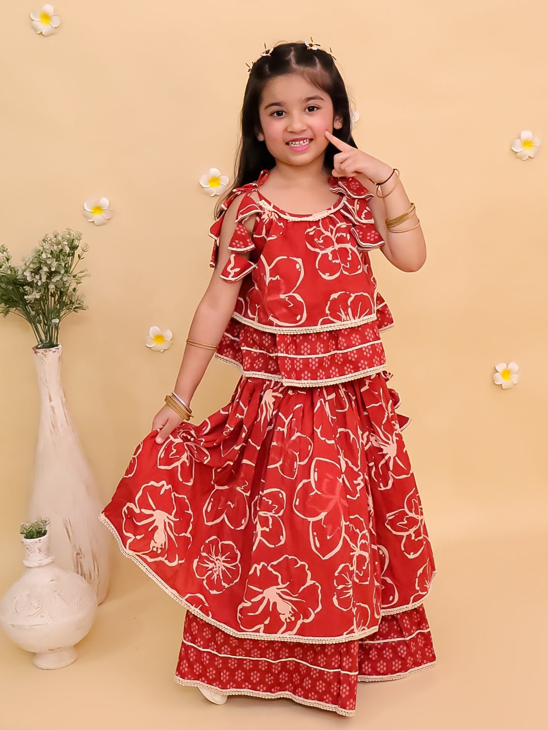 Amber Glow Girls Layered Lehenga Set For Kids