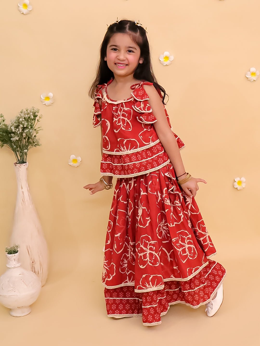 Amber Glow Girls Layered Lehenga Set For Kids