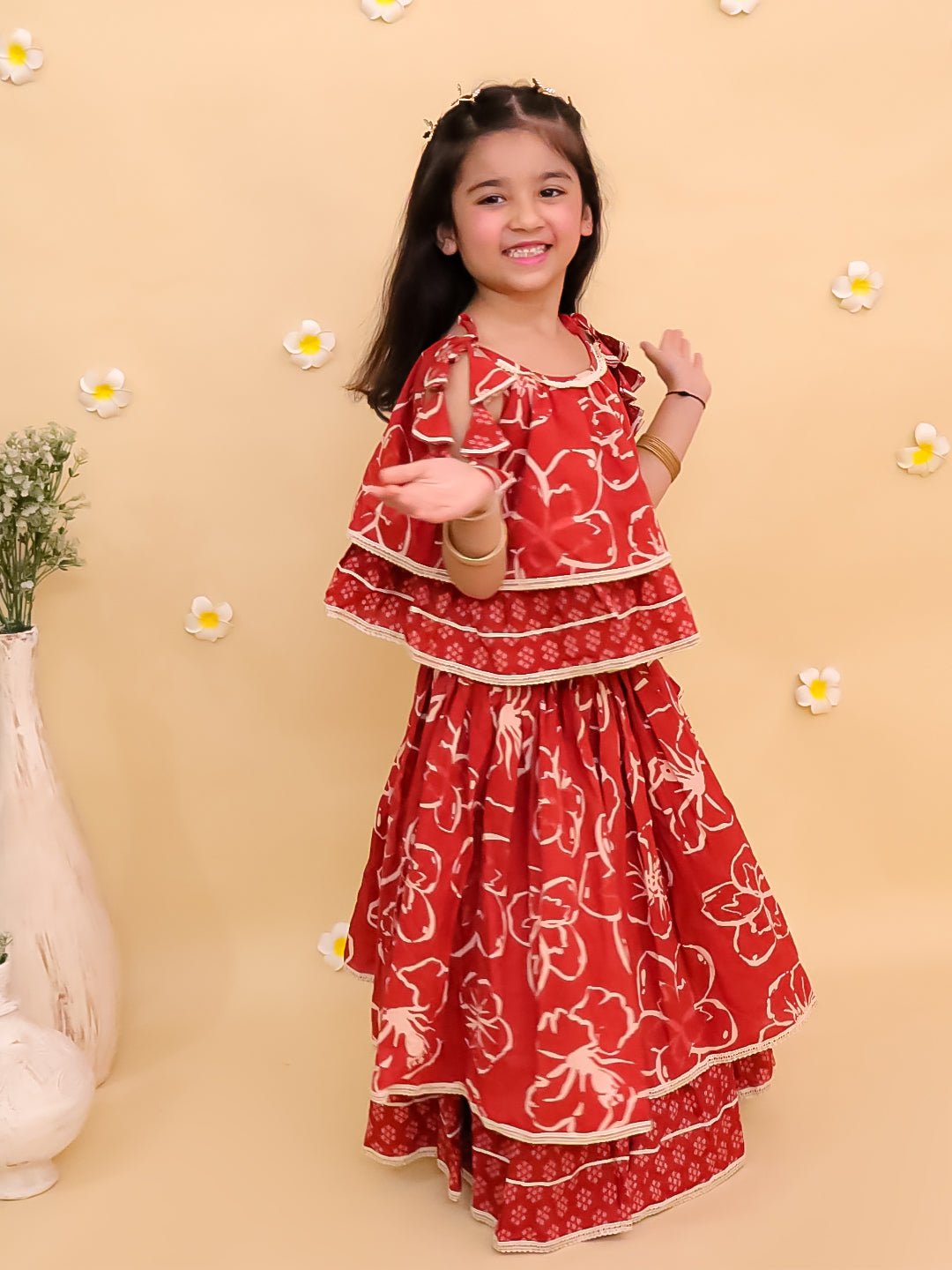 Amber Glow Girls Layered Lehenga Set For Kids