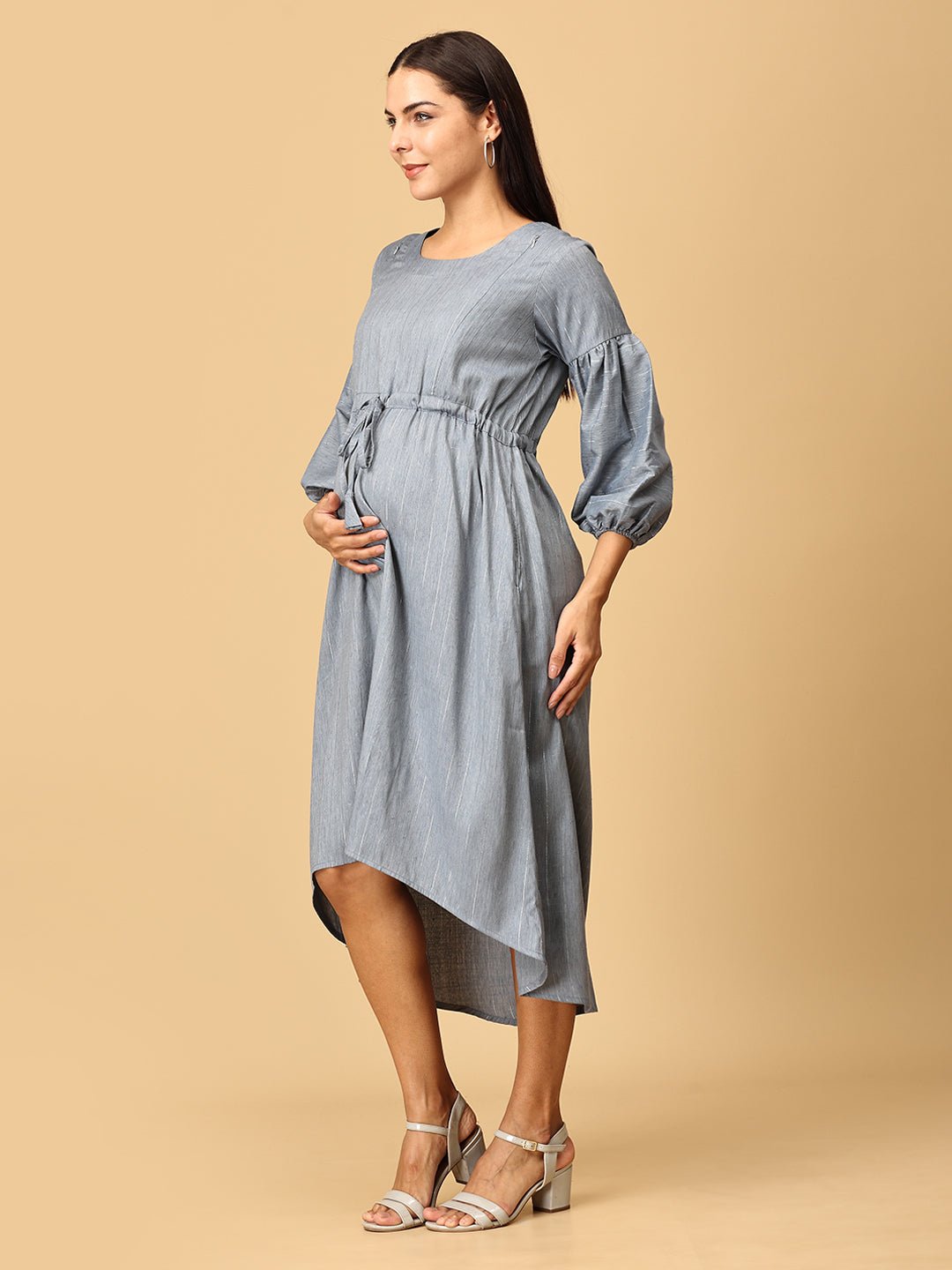  Arona Grey Shimmer Stripes Maternity and Nursing Dress Grey