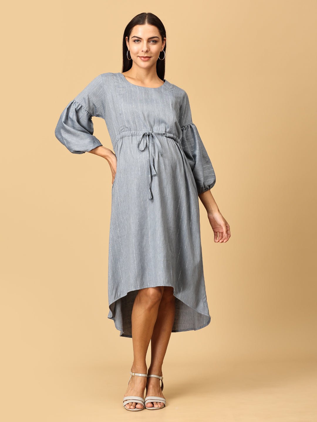  Arona Grey Shimmer Stripes Maternity and Nursing Dress Grey