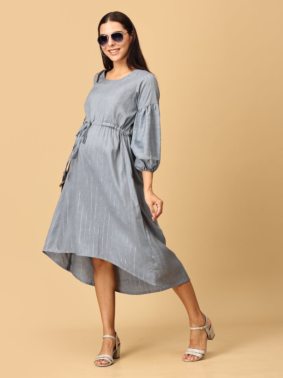  Arona Grey Shimmer Stripes Maternity and Nursing Dress Grey