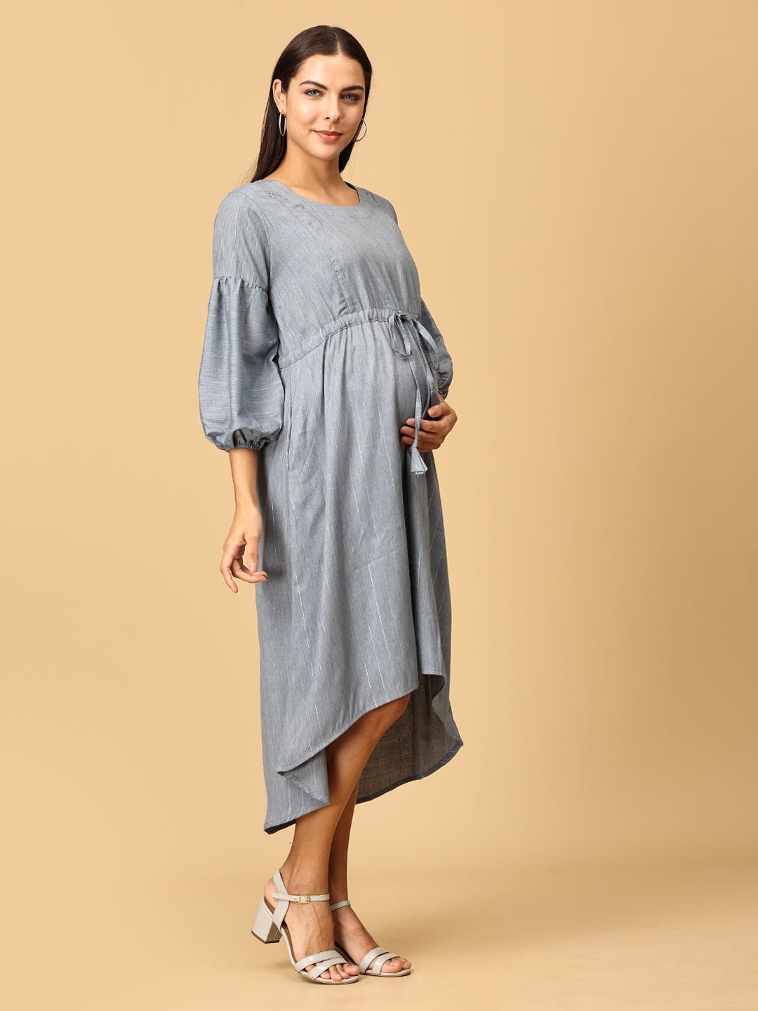  Arona Grey Shimmer Stripes Maternity and Nursing Dress Grey