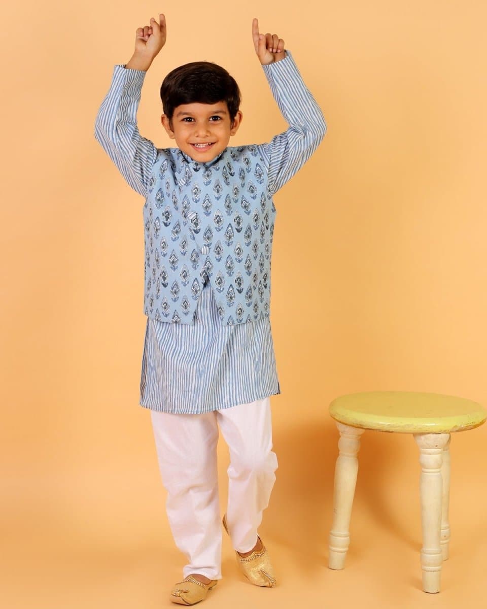 Aster Blue Block Print Boys Jacket and Kurta Pajama Set