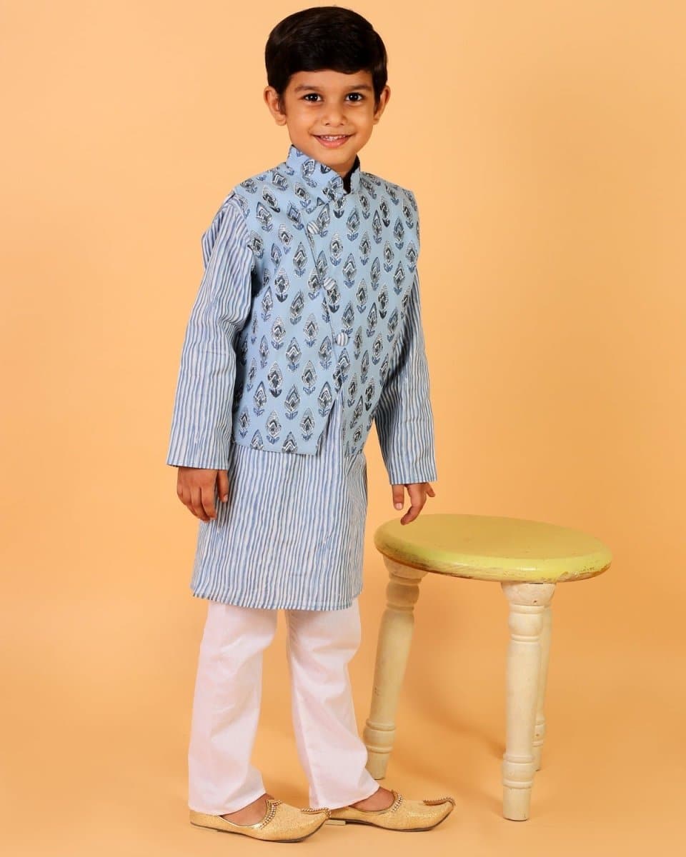 Aster Blue Block Print Boys Jacket and Kurta Pajama Set