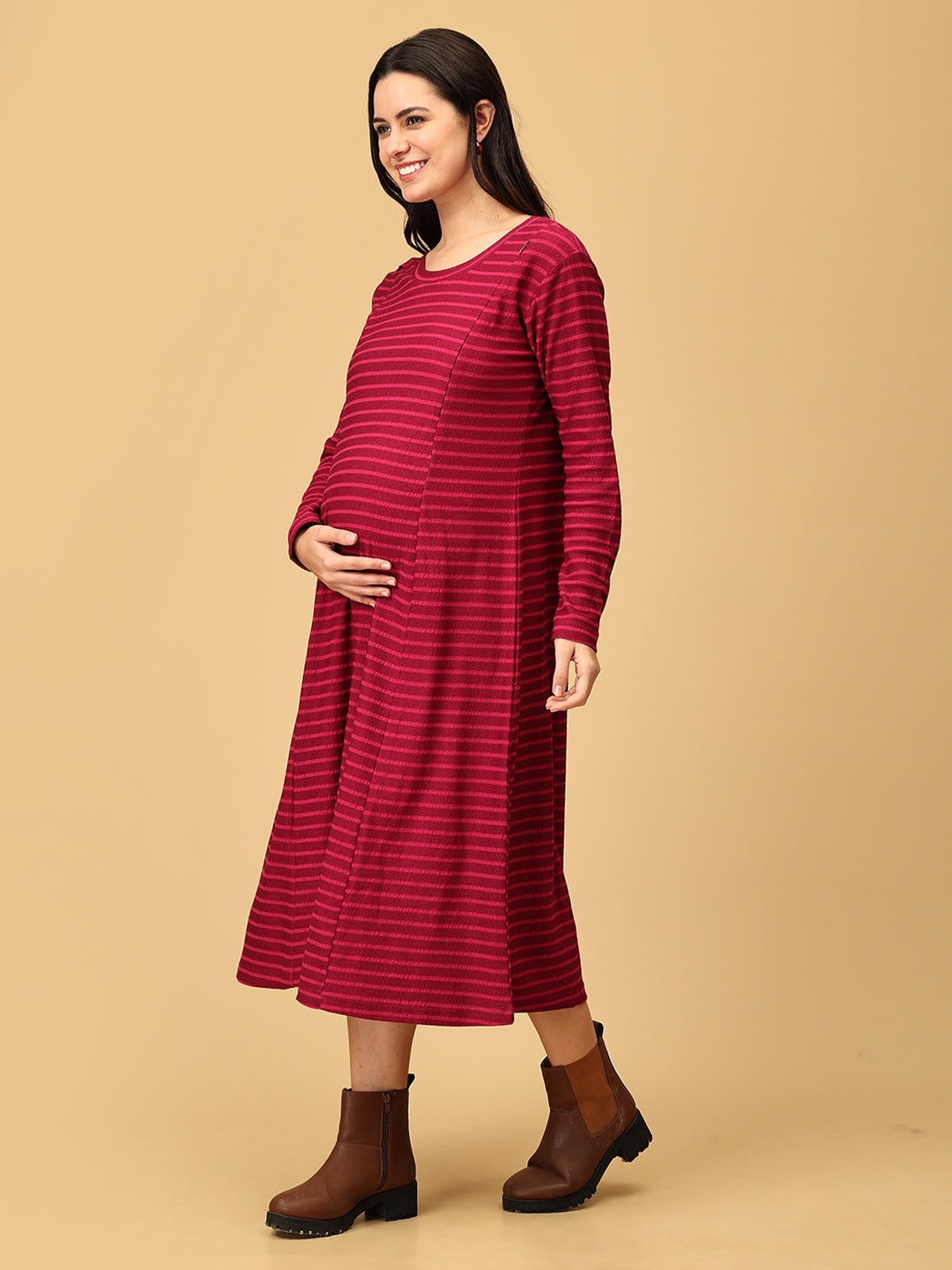  Aurora Berry-alis Ribbed Maternity and Nursing Dress Magenta