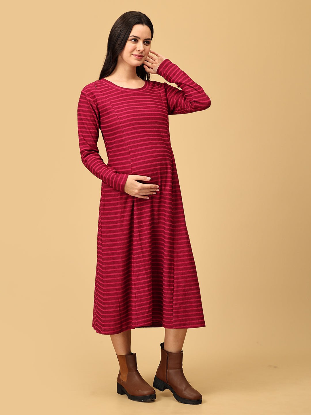  Aurora Berry-alis Ribbed Maternity and Nursing Dress Magenta