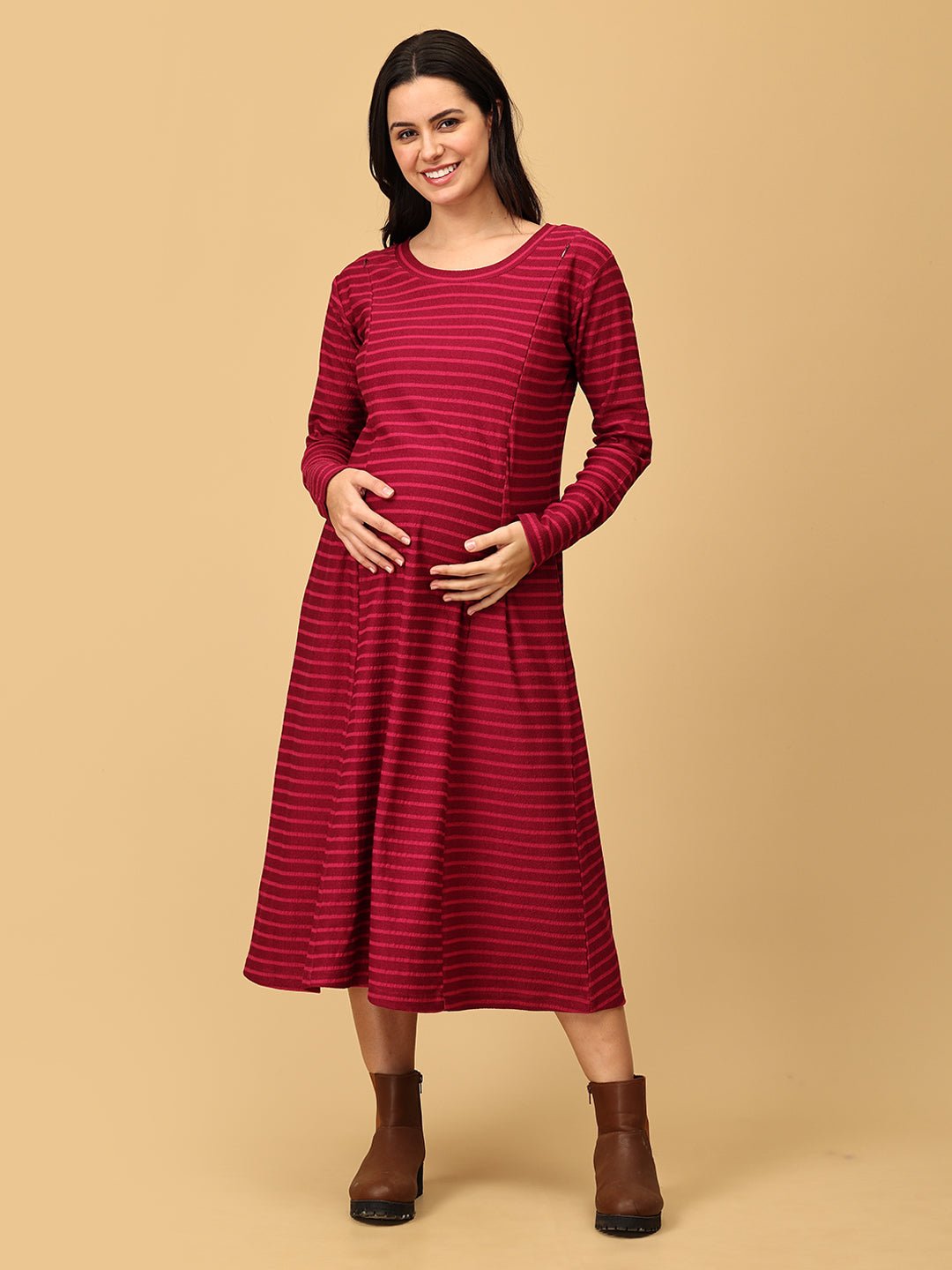  Aurora Berry-alis Ribbed Maternity and Nursing Dress Magenta