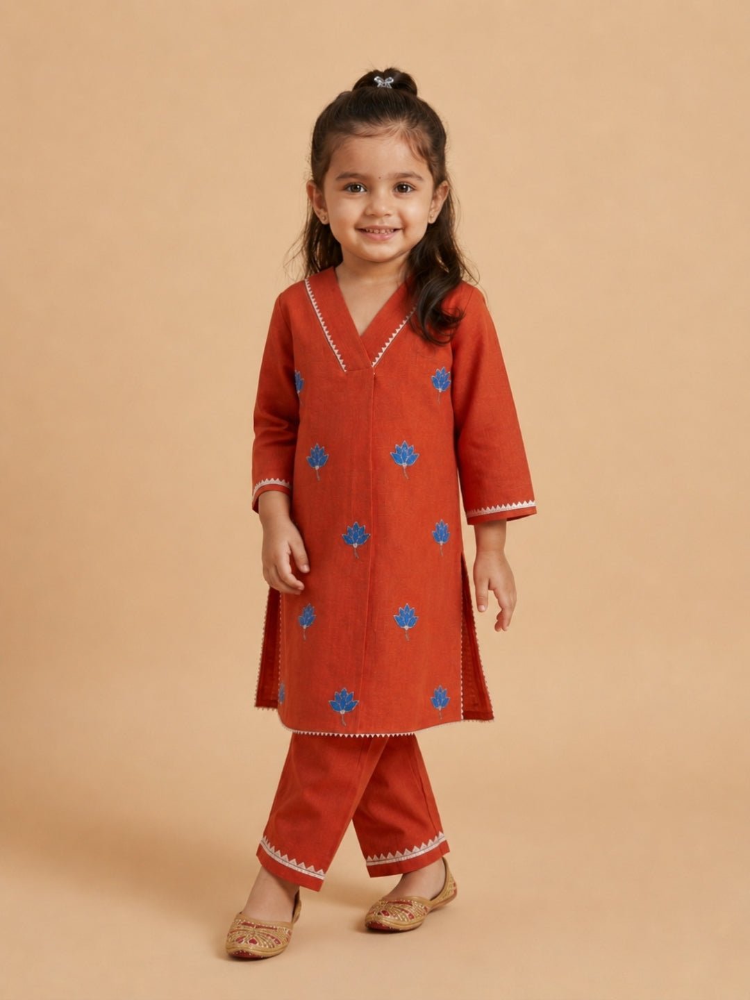 Avani Vatika Rust Embroidered Cotton Full Sleeve Kurta Set For Girls