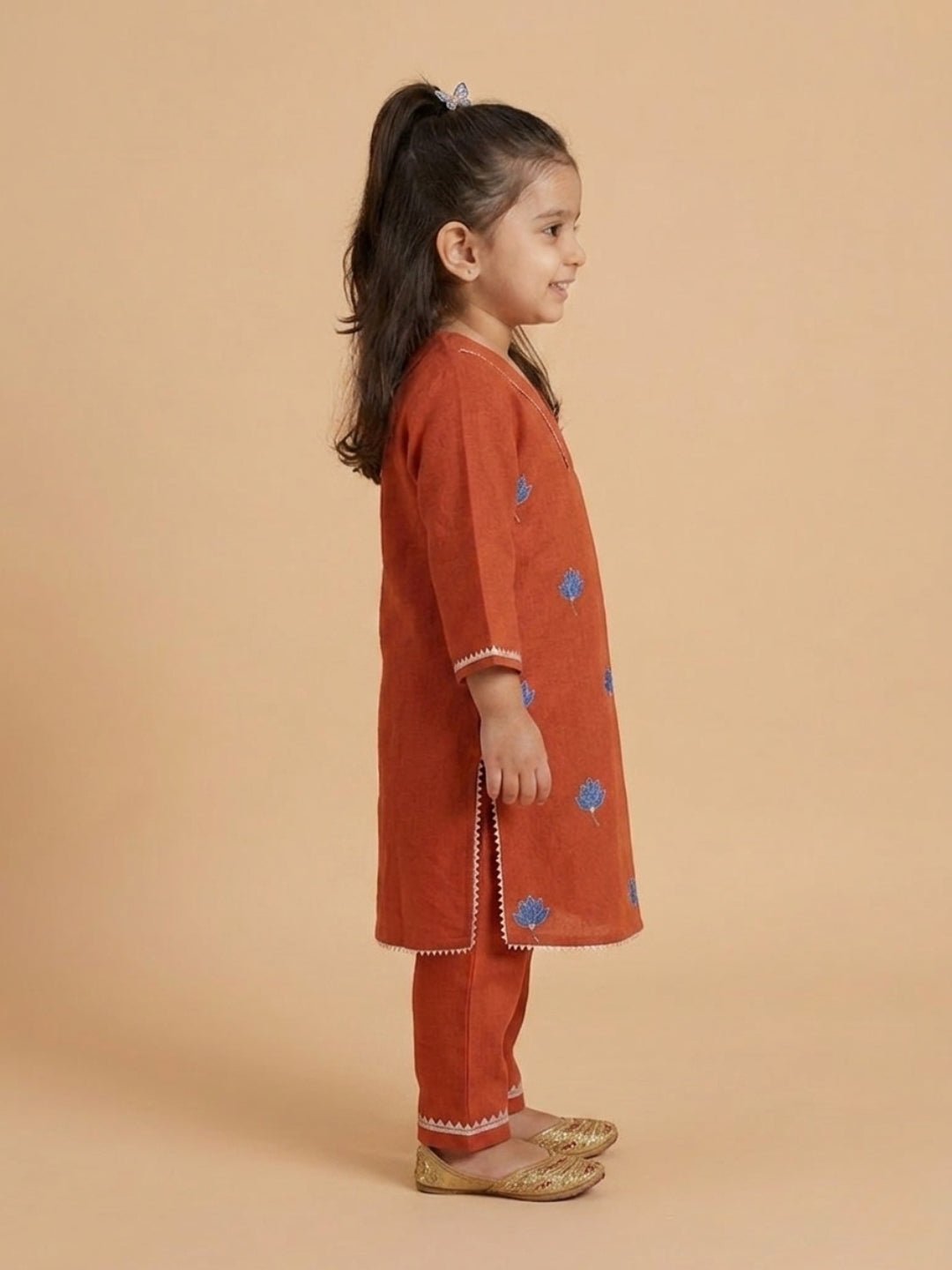 Avani Vatika Rust Embroidered Cotton Full Sleeve Kurta Set For Girls
