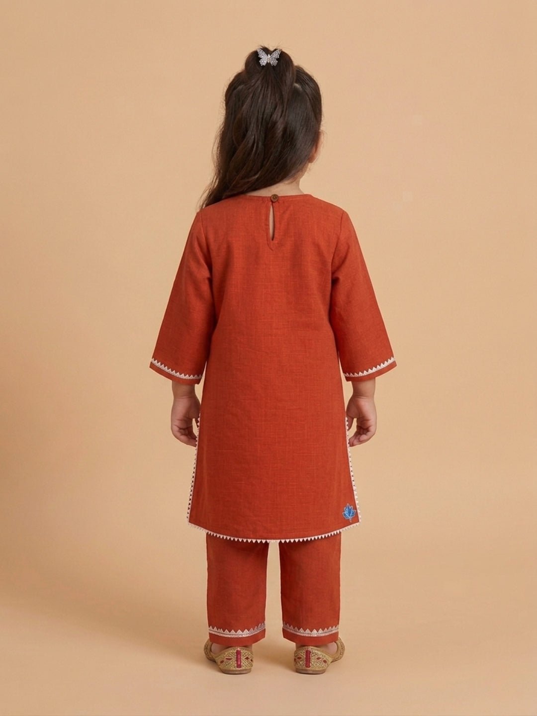 Avani Vatika Rust Embroidered Cotton Full Sleeve Kurta Set For Girls