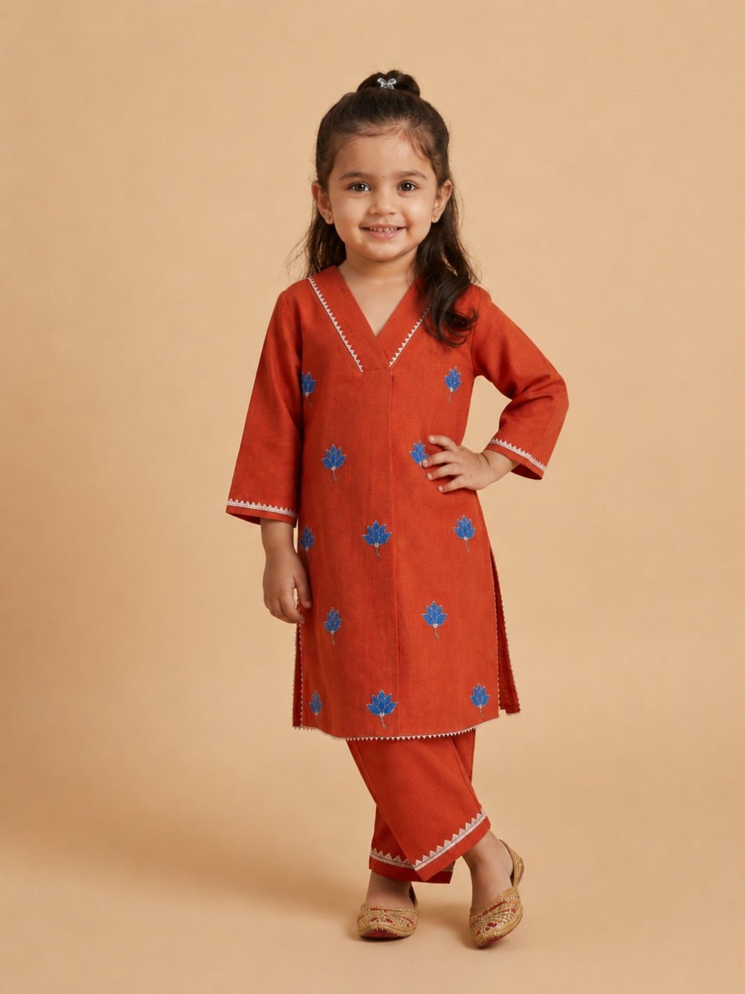 Avani Vatika Rust Embroidered Cotton Full Sleeve Kurta Set For Girls