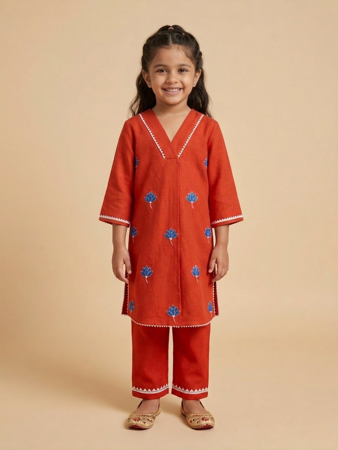 Avani Vatika Rust Embroidered Cotton Full Sleeve Kurta Set For Girls
