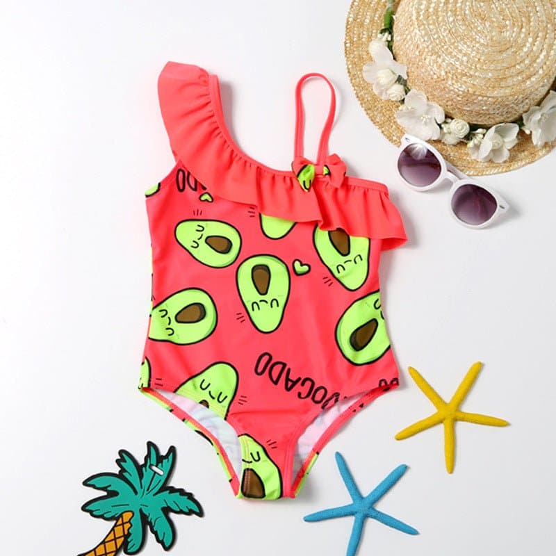 Avo Adventure Avocado Print Girls Ruffle One Shoulder Swimsuit