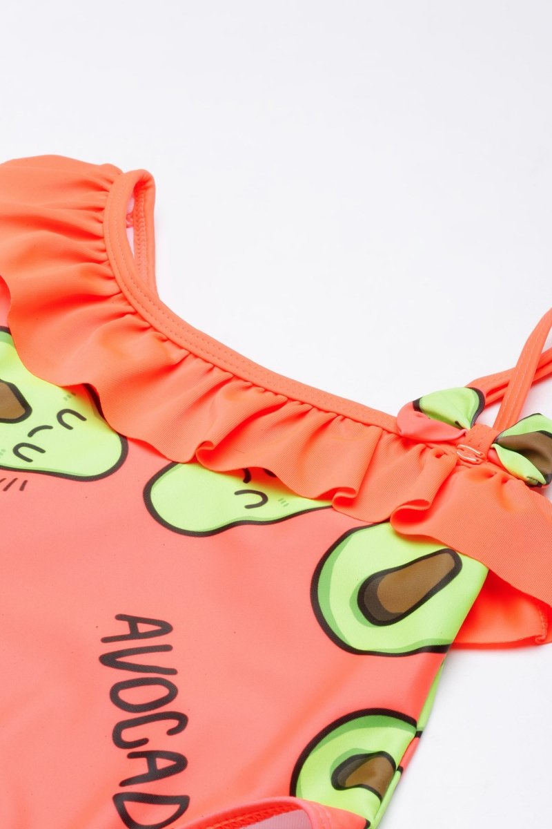 Avo Adventure Avocado Print Girls Ruffle One Shoulder Swimsuit