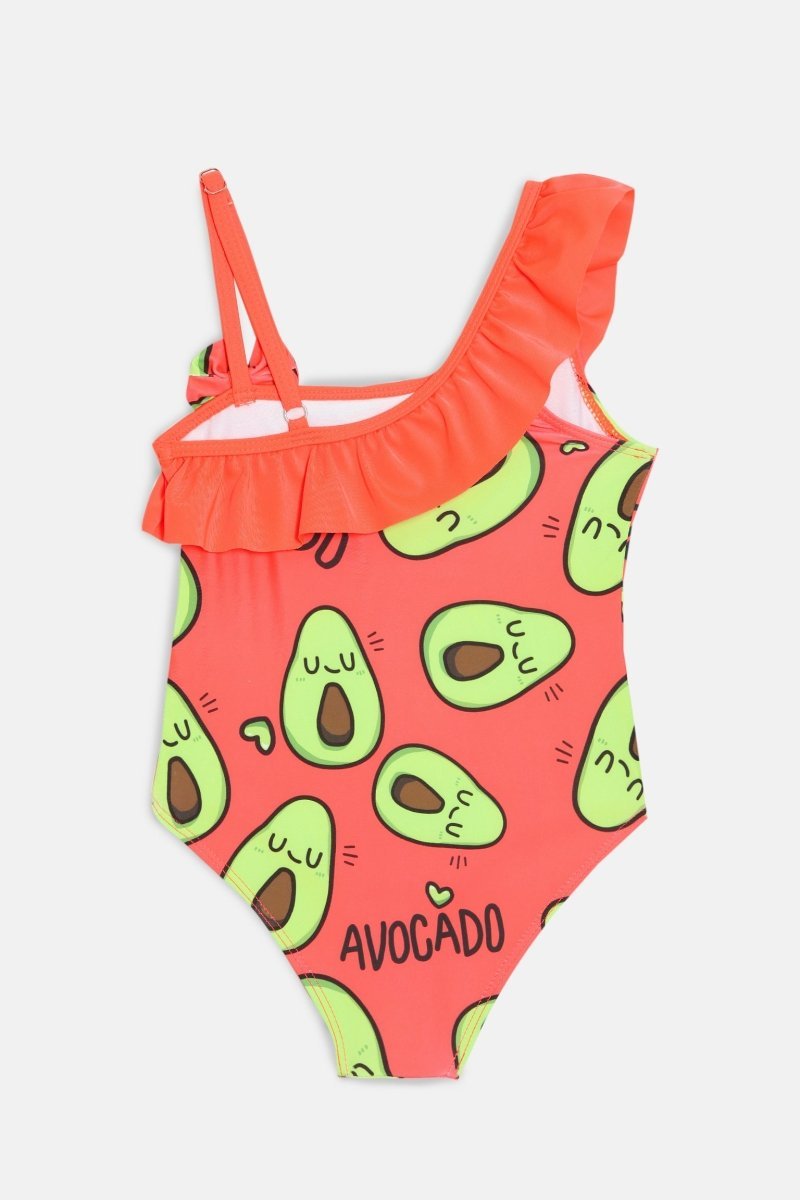 Avo Adventure Avocado Print Girls Ruffle One Shoulder Swimsuit