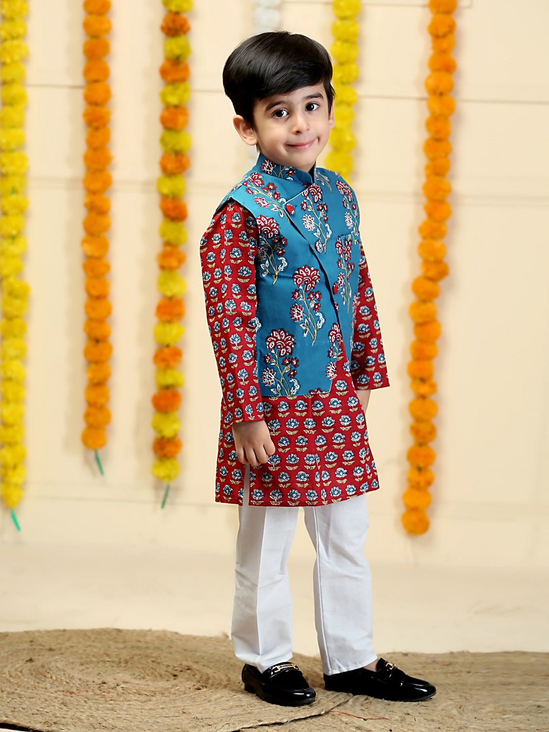 Azure Blue Floral Print Boys Jacket And Kurta Pajama Set