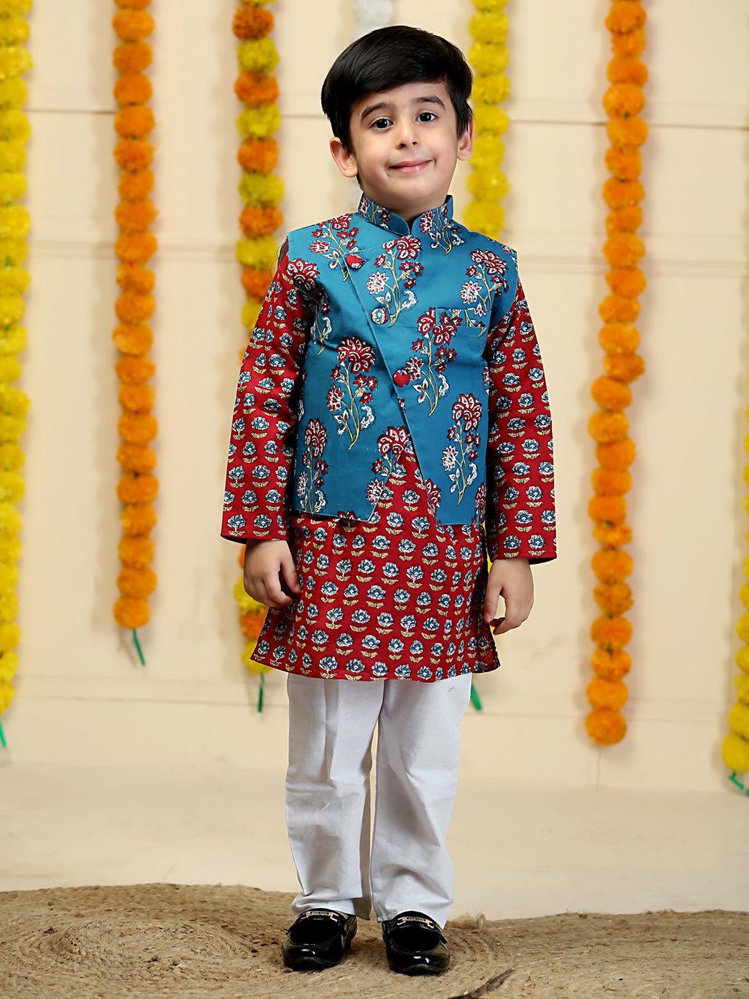 Azure Blue Floral Print Boys Jacket And Kurta Pajama Set