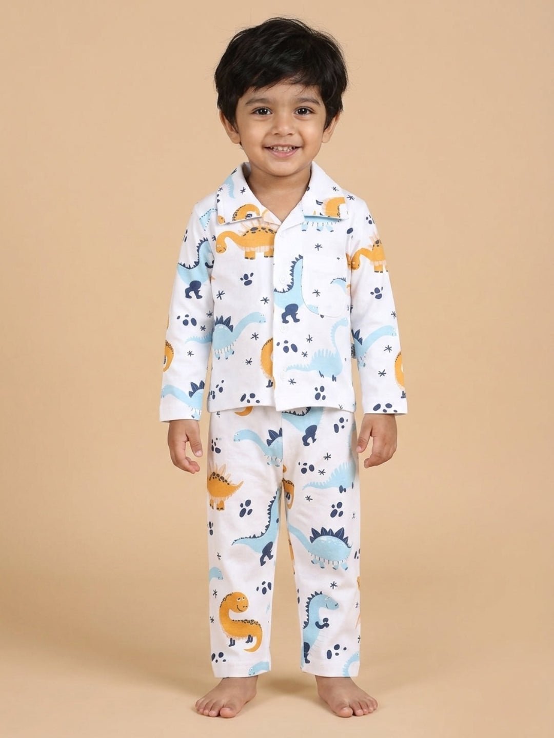  White Dino Trip Cotton Pajama Nightsuit Set