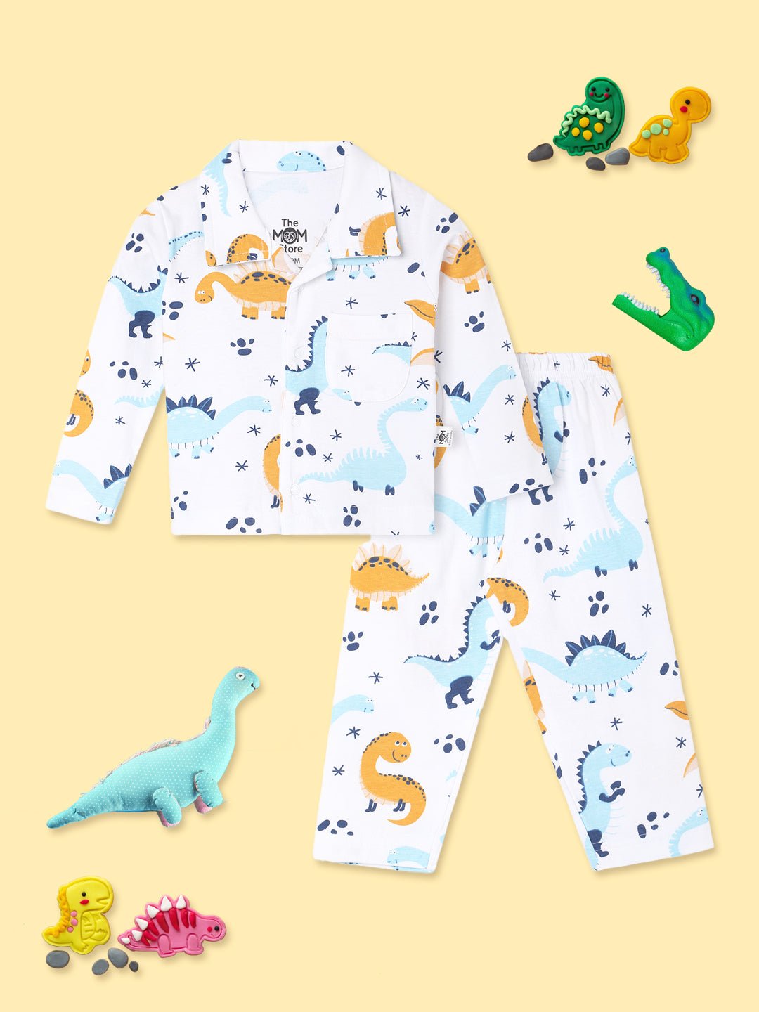  White Dino Trip Cotton Pajama Nightsuit Set