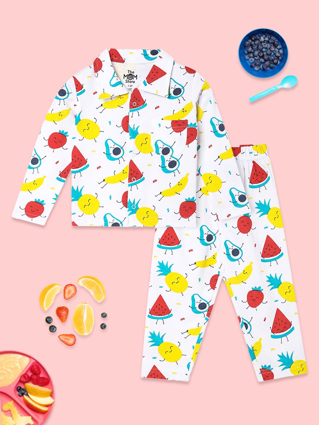 White Fruity Cutie Cotton Pajama Nightsuit Set For Kids
