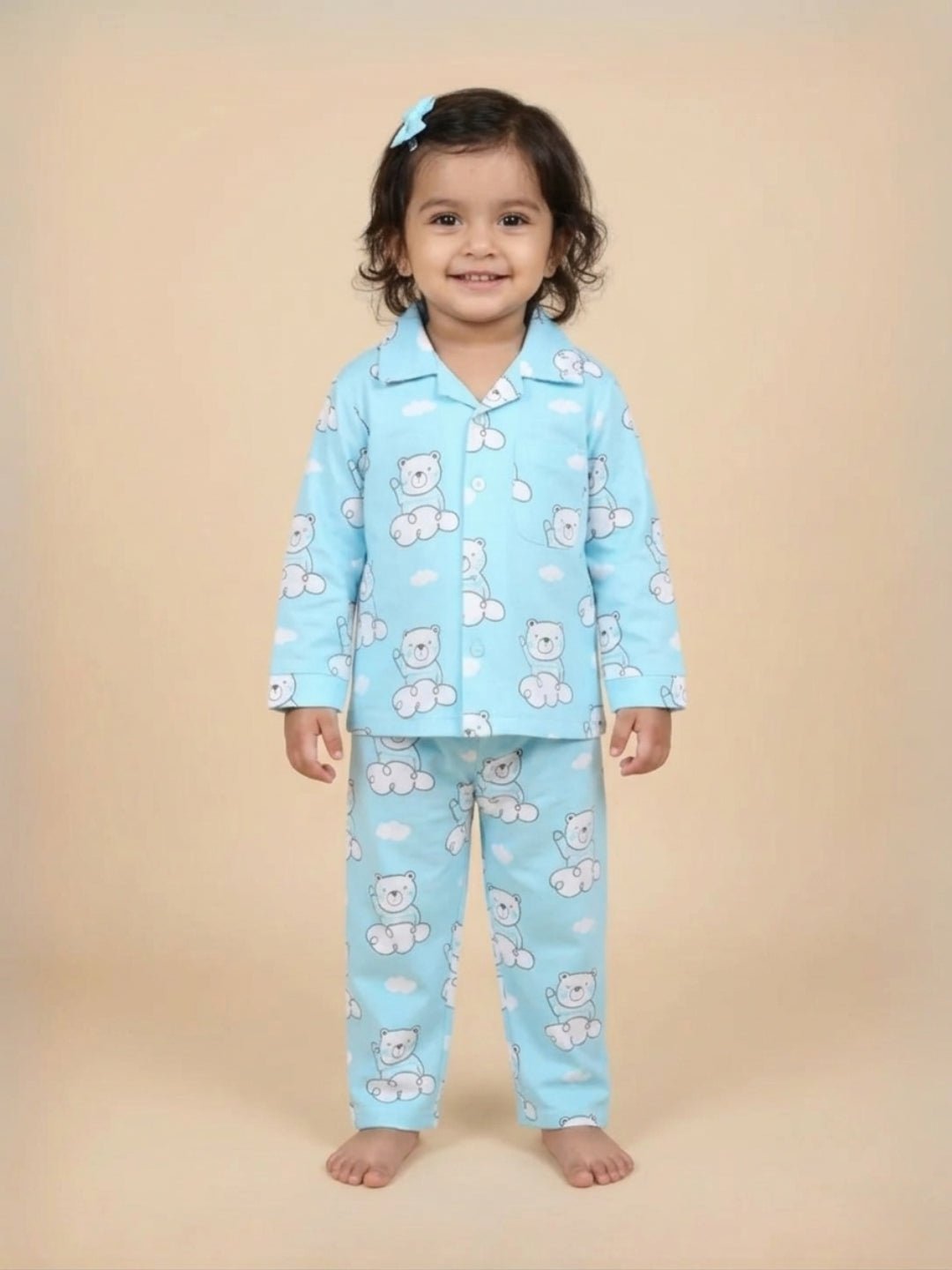  Light Blue Hello Bear Cotton Pajama Set For Kids