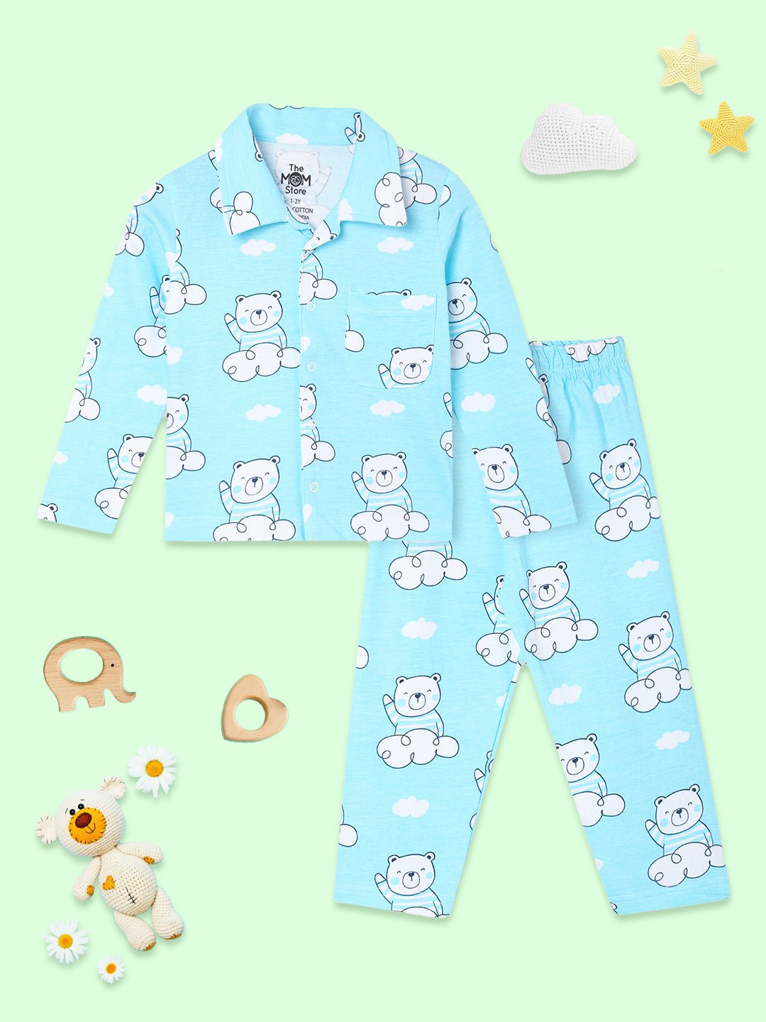  Light Blue Hello Bear Cotton Pajama Set For Kids