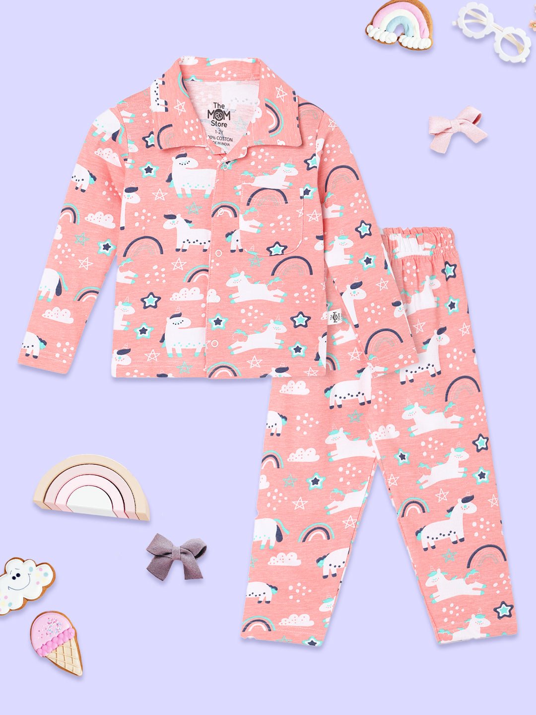 Peach Magical Unicorn Pajama Nightsuit Set For Kids