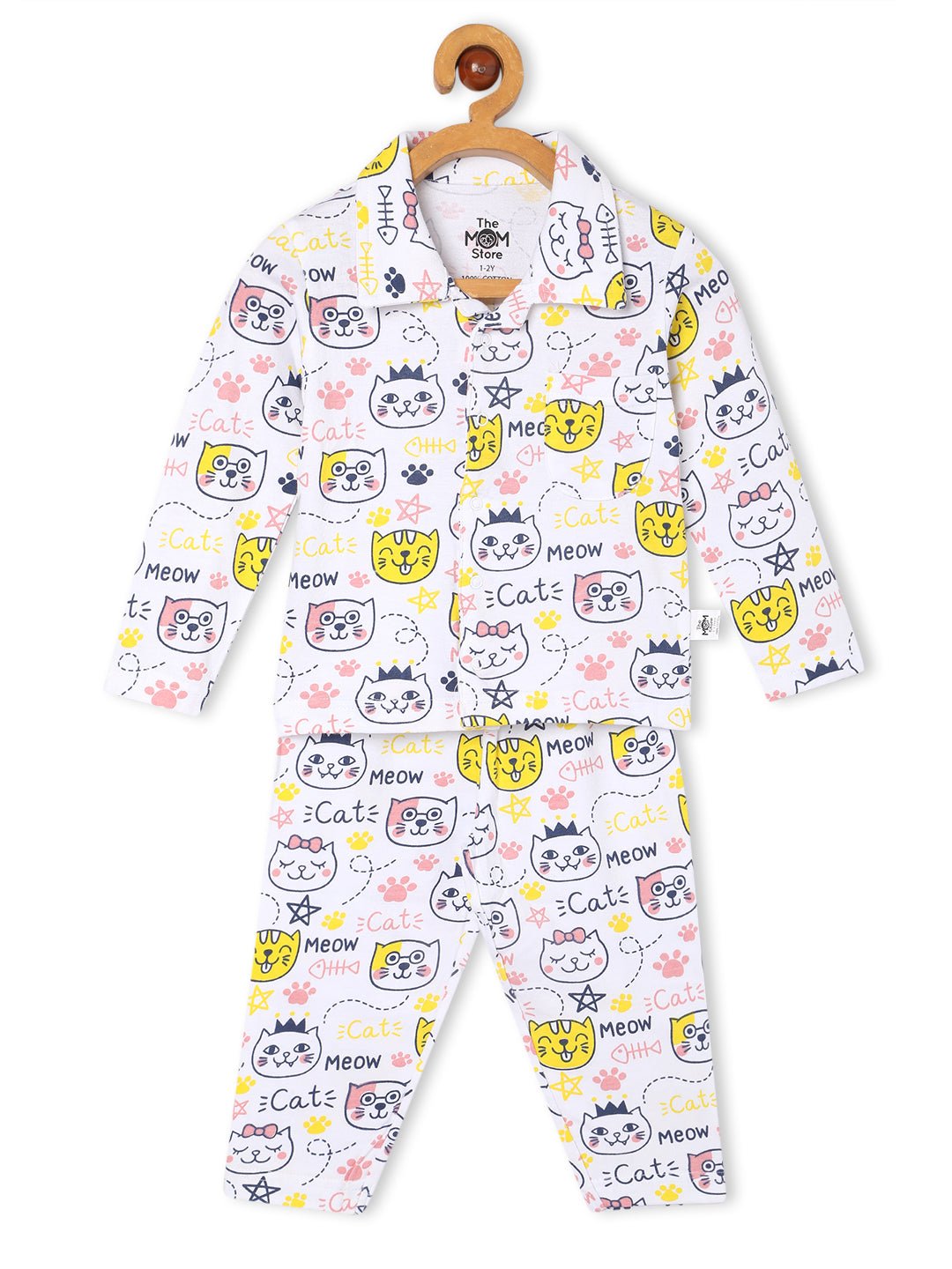 White Meow Printed Cotton Pajama Nightsuit Set For Kids