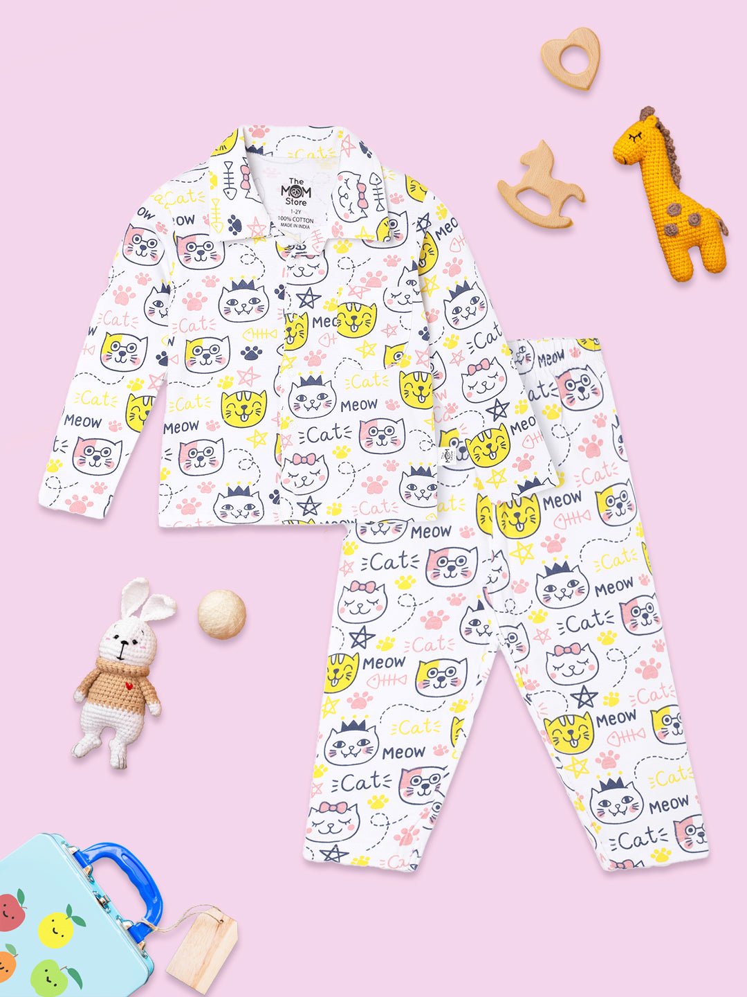 White Meow Printed Cotton Pajama Nightsuit Set For Kids