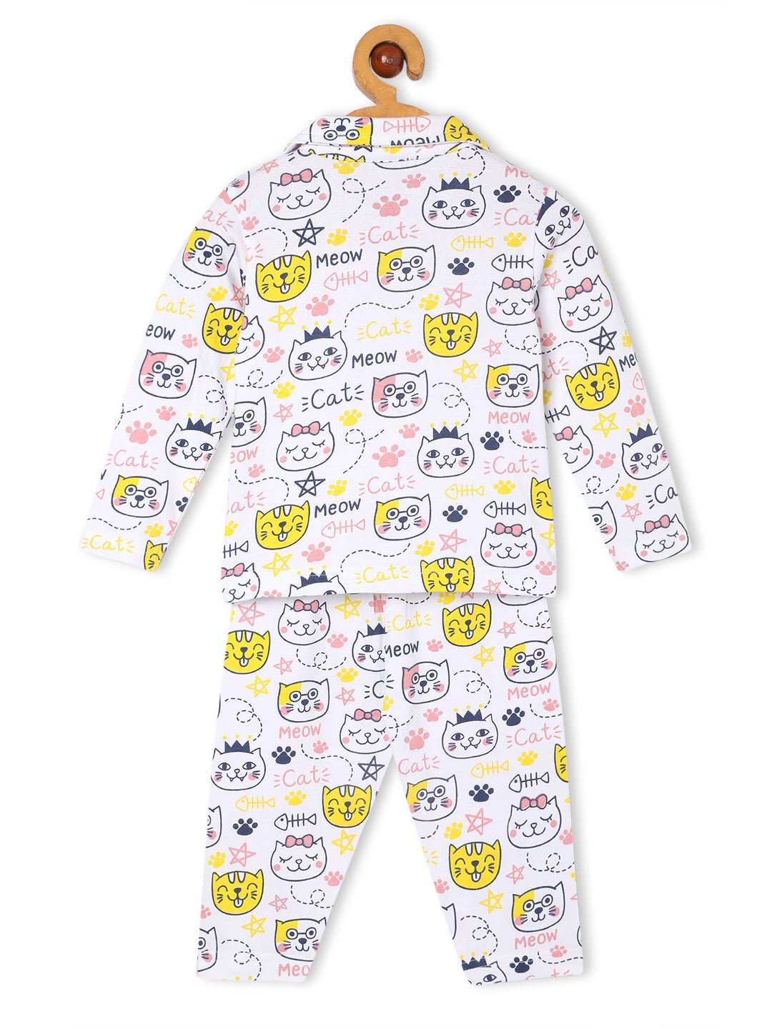 White Meow Printed Cotton Pajama Nightsuit Set For Kids