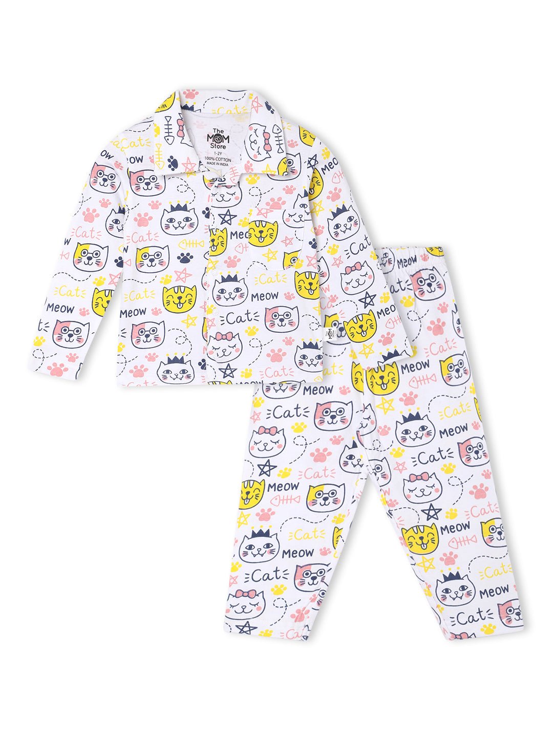 White Meow Printed Cotton Pajama Nightsuit Set For Kids