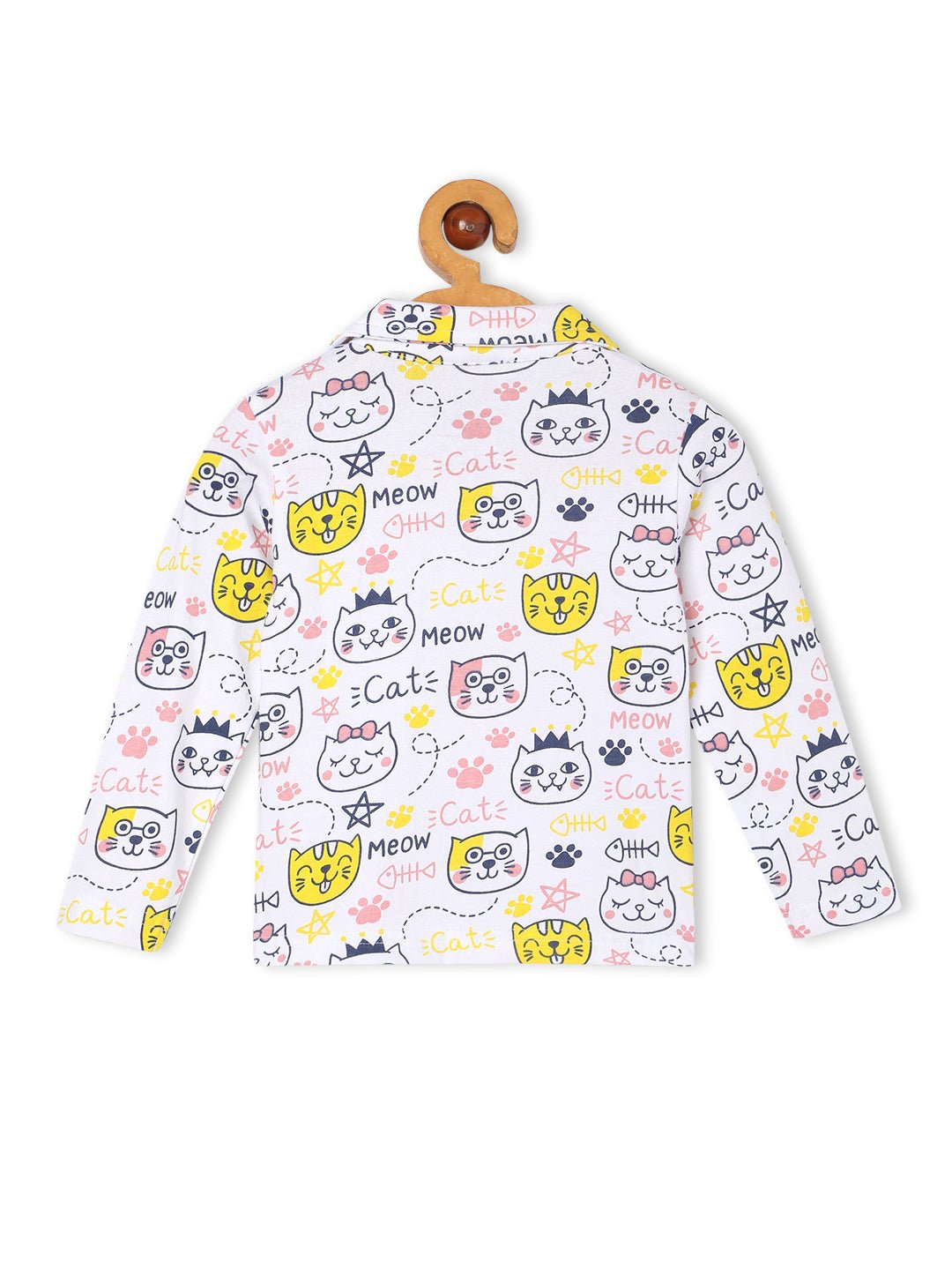 White Meow Printed Cotton Pajama Nightsuit Set For Kids