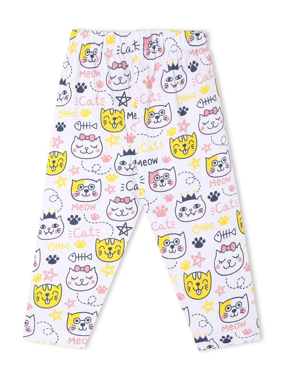 White Meow Printed Cotton Pajama Nightsuit Set For Kids