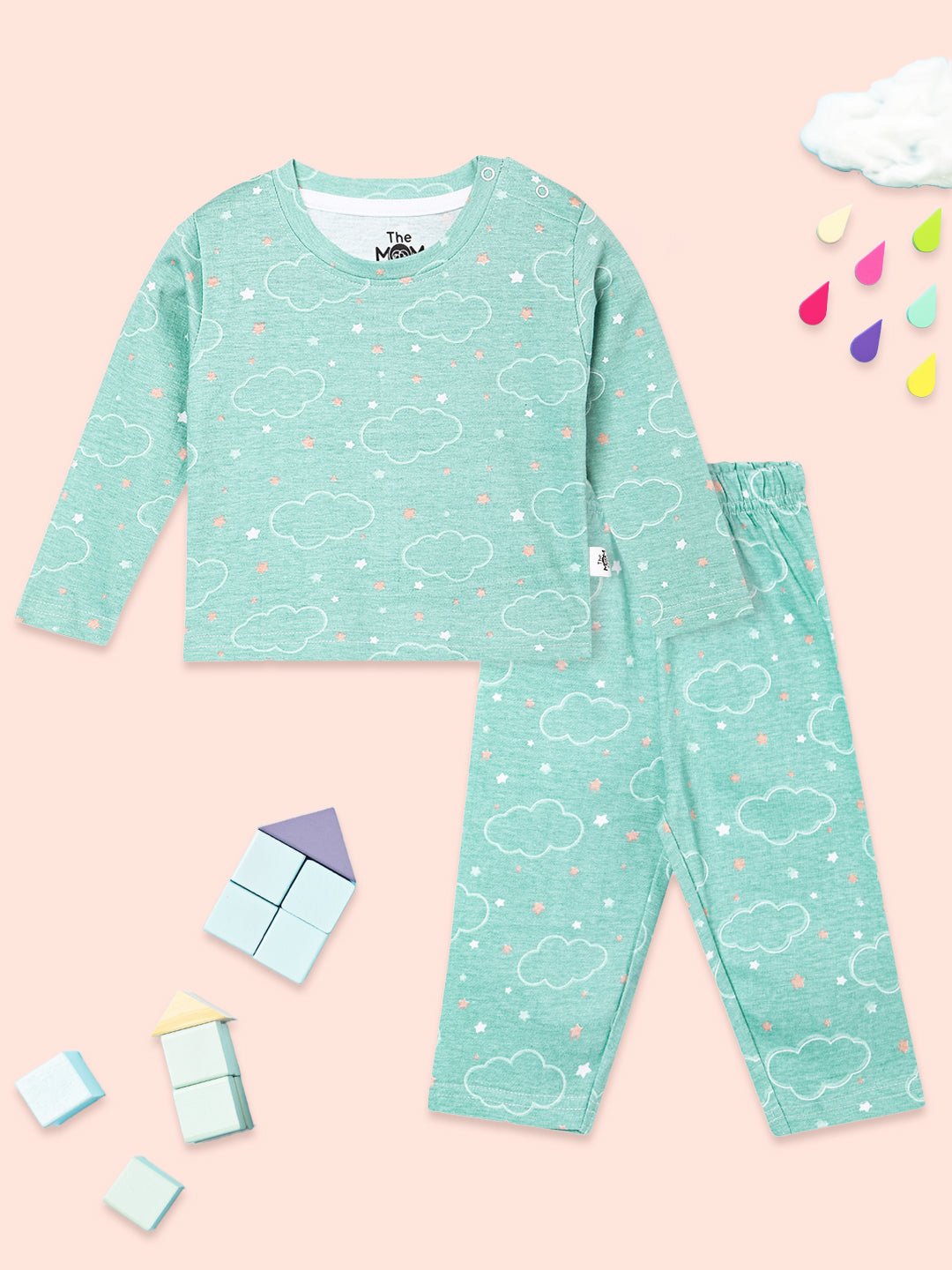  Aqua On Cloud Mine Printed Pajama Nightsuit Set For Kids