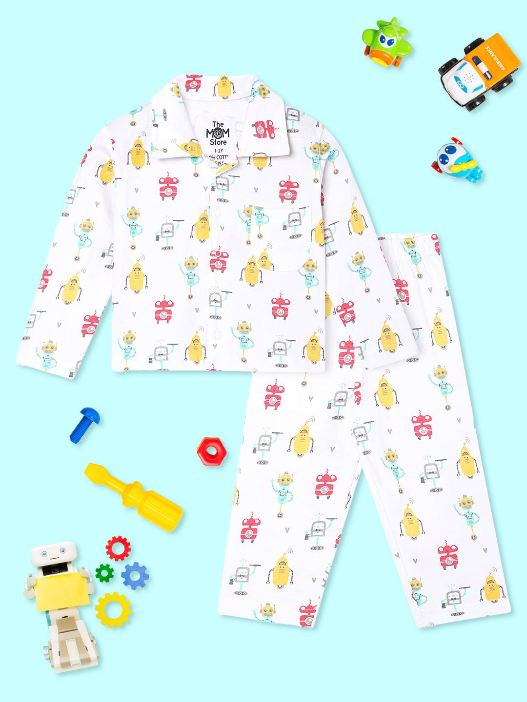White Robo Club Pajama Nightsuit Set For Kids