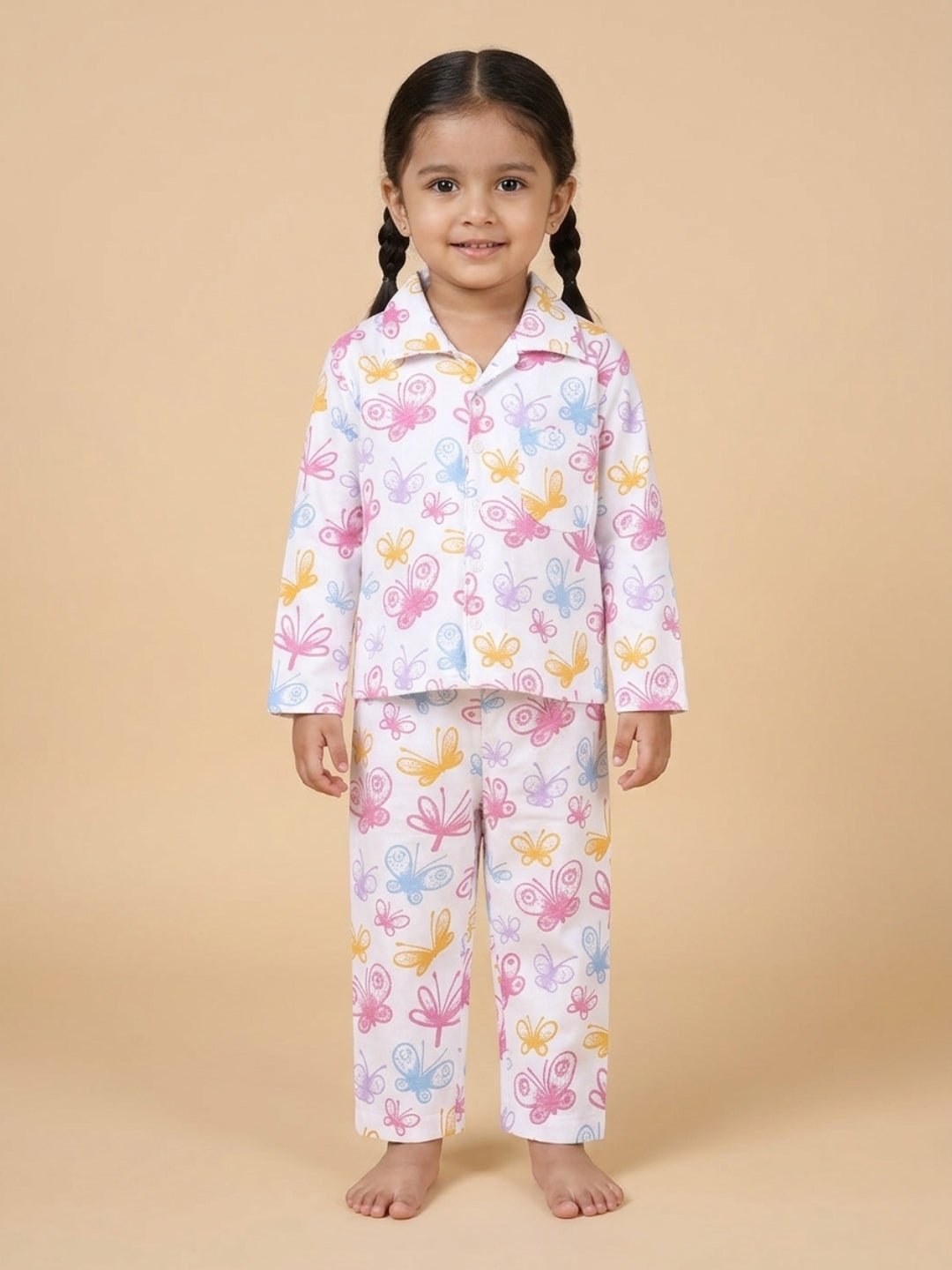  White Spring Wings Cotton Pajama Nightsuit Set For Kids