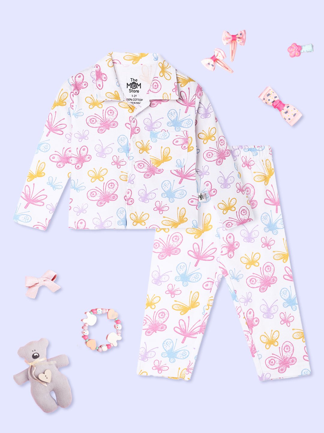  White Spring Wings Cotton Pajama Nightsuit Set For Kids