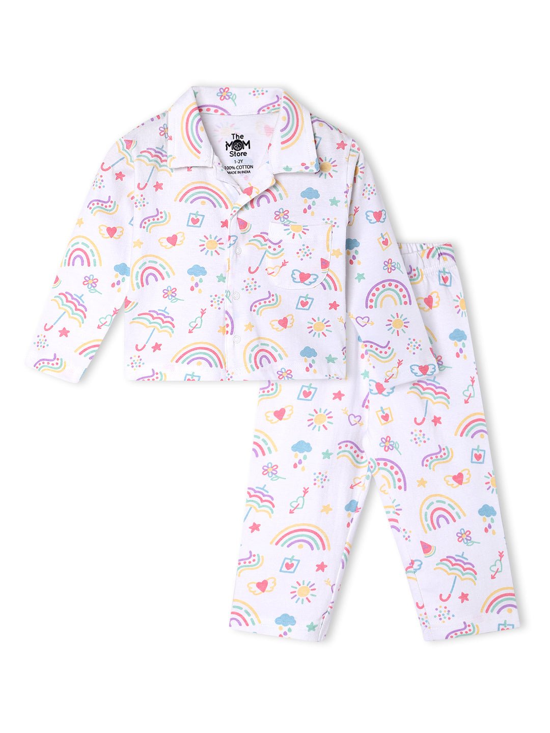  White Sunshine And Rainbows Pajama Nightsuit Set For Kids